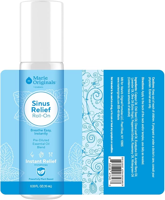 Marie Originals Breathe Blend Essential Oils Sinus Roll on | Natural Eucalyptus, Peppermint Lavender Essential Oil Roll on | Aromatherapy Support for Clear Breathing, Head Ease, Relaxation | 10 mL
