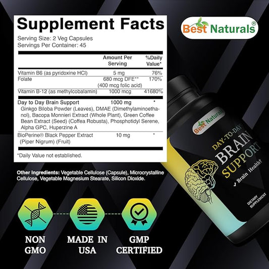 Best Naturals Day-to-Day Brain Support Supplement with Ginkgo Biloba, DMAE, Bacopa, Green Coffee, Phosphotidyl Serene, Alpha GPC, Huperzine A, Folate, B6, & B12 90 Veg Capsules