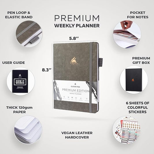 Clever Fox Planner Premium Edition – Undated Luxurious Weekly & Monthly Planner to Increase Productivity and Hit Your Goals – Organizer – Start Anytime, A5, Lasts 1 Year, Gray (Weekly)