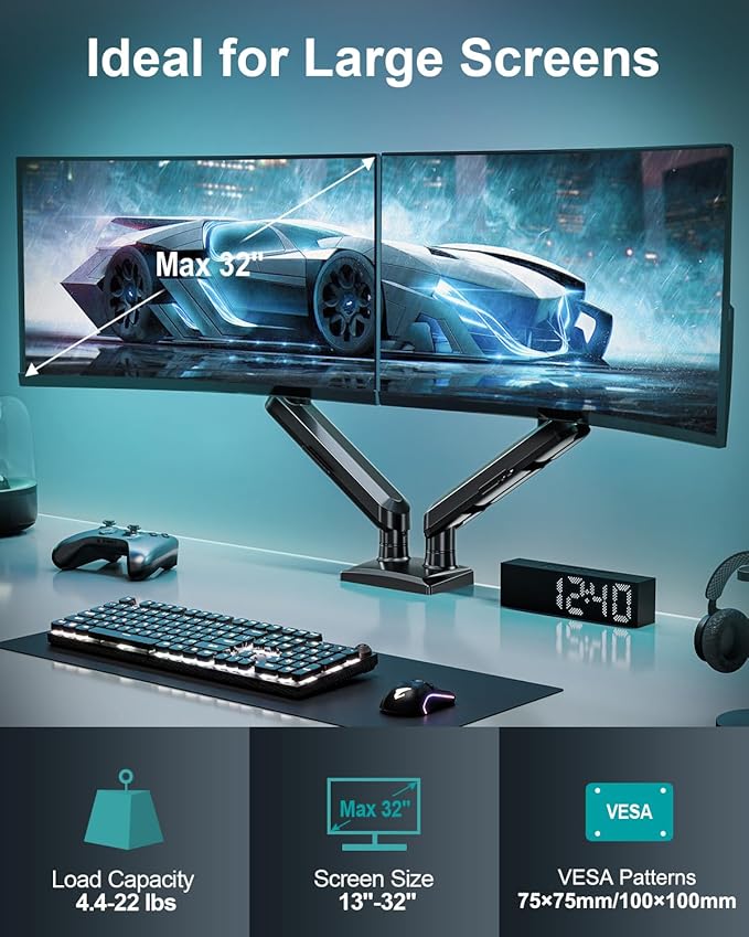 Dual Monitor Desk Mount, 13-32 inch Adjustable Gas Spring Monitor Arm, Computer Display Stand Holder with Clamp and Grommet Base, Fits 4.4 to 22lbs Screens, VESA Mount Bracket, Black, Freelift Pro