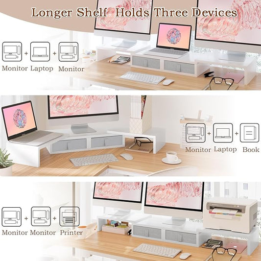 TEAMIX Dual Monitor Stand Riser - Length and Angle Adjustable White Monitor Stand with 2 Drawers to Storage Large Computer Riser for 2 Monitors/Laptop/PC, Wood Screen/TV Stand Desk Organizer (White)