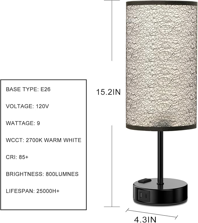 Table Lamp for Bedroom with Touch Control,Bedside Lamp with USB C+A Charging Ports& AC Outlets, Adjustable 3color LED Light for Home Decor/Nightstand/Bedroom/Office,Included Bulb