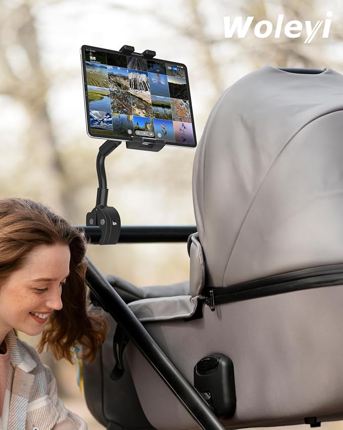 woleyi Gooseneck Tablet Bike Mount for Indoor Cycling, Gym Treadmill, Spin bike, Stationary Exercise bicycle, Peloton Handlebar, Elliptical, Stroller Clamp for iPad Pro/Air/Mini, Phone, 4.7-13" Tablet