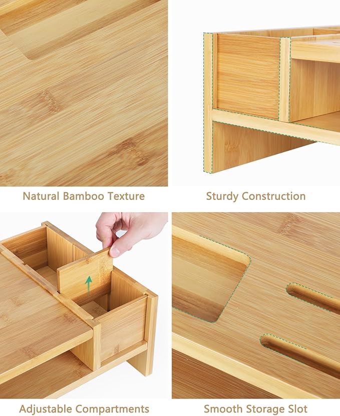 Ufine Bamboo Monitor Stand with Storage Compartments Ergonomic Computer Laptop Riser Small Space Organizer for Home Office