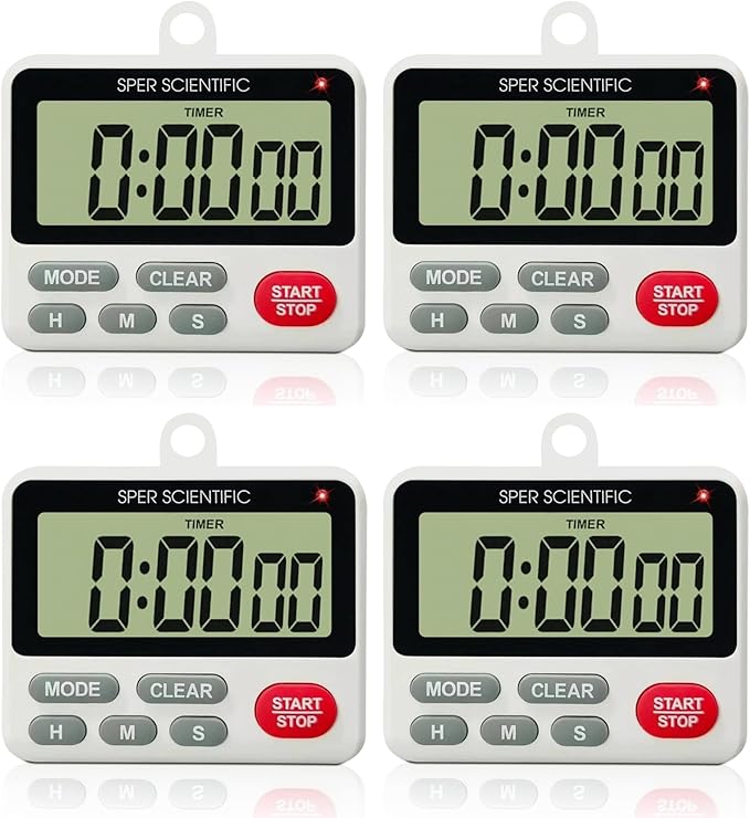 Sper Scientific 24-Hour Digital Lab + Kitchen Timer with LED Light 810001 - Precision Countdown Timer with Large Display, Loud Alarm & Clock Mode - for Cooking, Lab Experiments & More - 4 pc