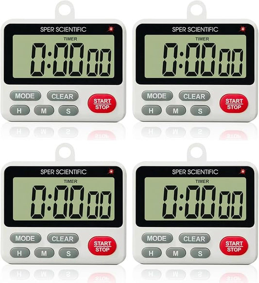 Sper Scientific 24-Hour Digital Lab + Kitchen Timer with LED Light 810001 - Precision Countdown Timer with Large Display, Loud Alarm & Clock Mode - for Cooking, Lab Experiments & More - 4 pc