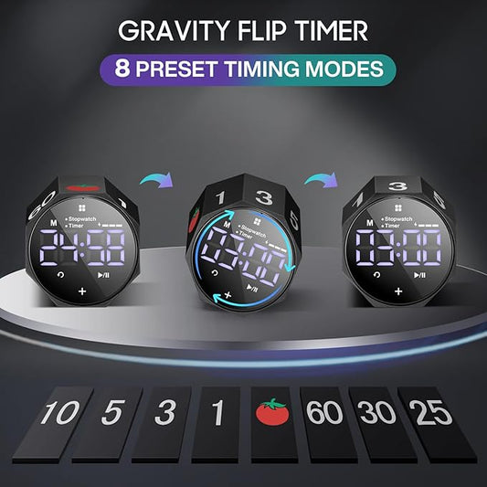 Digital Pomodoro Timer,Frosted Metal Productivity Cube Timer,1.8 In LED Digital Large Screen and Auto-rotating Display,1/3/5/10/25/30/60min & Custom Time, Silent & Alarm,for Office, Study, Work(Black)