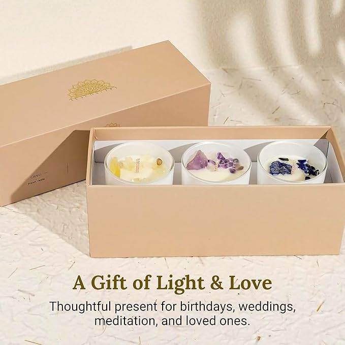 Soy Candles with Crystals - Aromatherapy Scented Candle for Women - Lavender Vanilla Gift Set - Small Wax Melts - 3 Pack 3.5oz