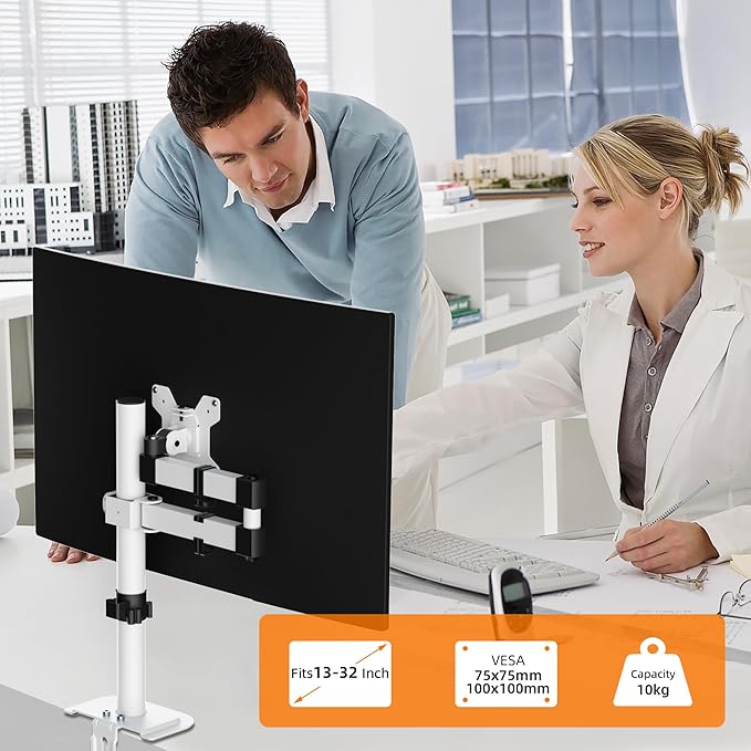 Bracwiser Monitor Mount Single Fully Adjustable Arm Monitor Arm Fits One Screen 13-32 inch 22lbs for Monitor Computer Screen 13 15 17 19 20 22 23 24 26 27 30 32 inch VESA 75 100, White(MD7421W)