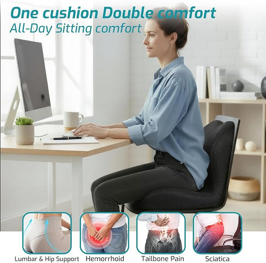 Memory Foam Seat Cushion,Office Chair Cushion with Lumbar Support for Back Pressure Relief, Car Seat Cushion with Adjustable Strap,Sciatica Pad Cushions for Car,Truck, Desk (C-Black+Mesh Cloth)