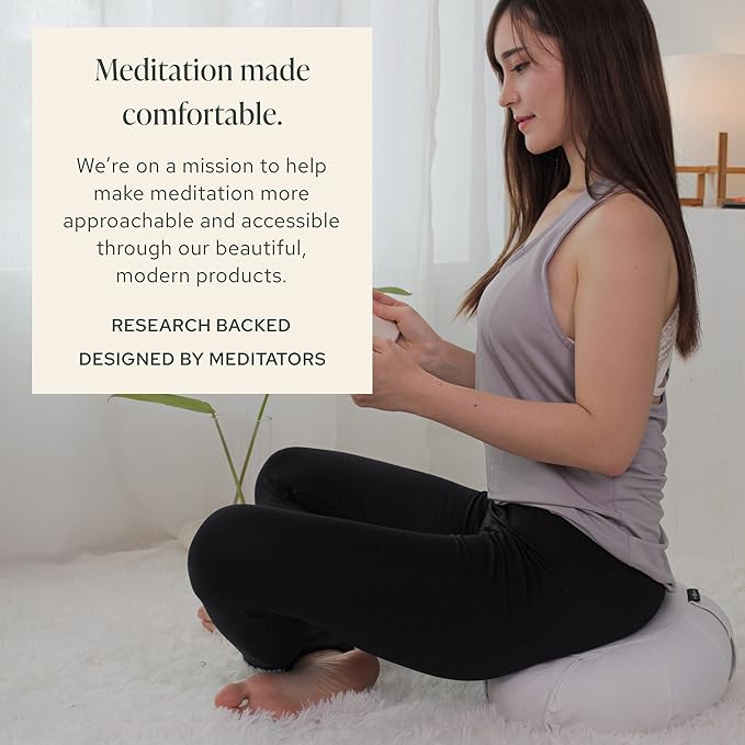Mindful & Modern Large Meditation Cushion | Zafu Yoga Bolster Meditation Floor Pillow Seat | Buckwheat Hull Filled Crescent Shaped Cushion with Removable Washable Cover + Carry Handle