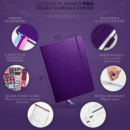 Legend Planner PRO Hourly Schedule - Weekly & Daily Organizer with Time Slots. Appointment Book Journal for Work & Personal, A4 (Purple)