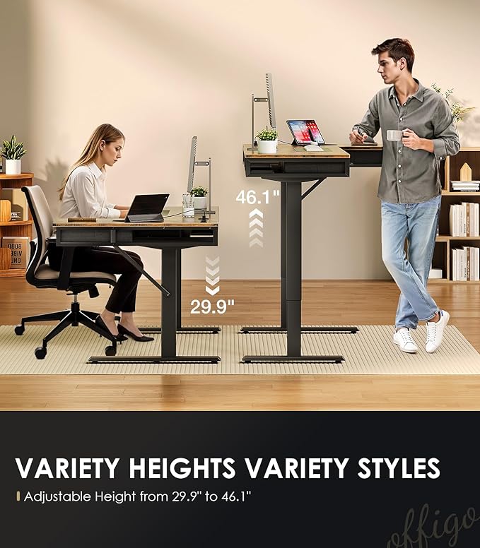 OffiGo 55 Inch L Shaped Electric Standing Desk with Drawers, Height Adjustable Large Desk with Power Outlets, Sit Stand Table, Writing Computer Desk for Home, Office, Workstation, Rustic Brown