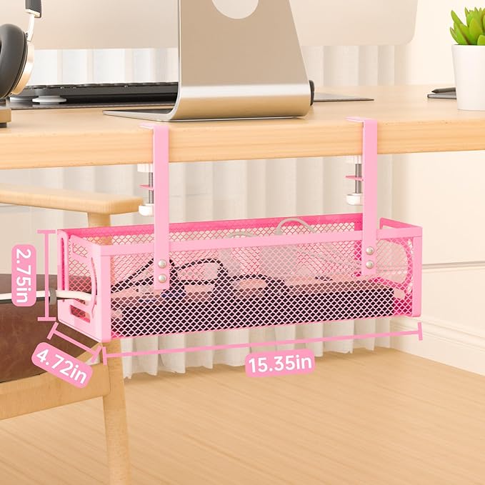 Under Desk Cable Management Tray, 15.7'' No Drill Steel Desk Cable Organizers, Wire Management Tray Cable Management Rack (1 Pack-Pink)
