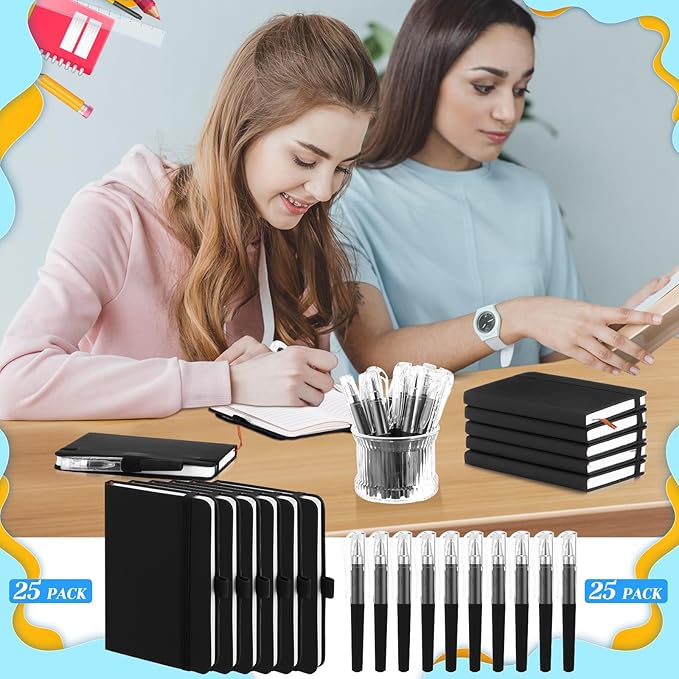 Sayglossy 25 Pack Pocket Small Notebook Journals with Pen 5.6'' x 3.7'' Mini Journaling Notepads A6 Ruled Journals Hardcover Lined Notebook Bulk with Pen Holder for Office School Memo(Black)