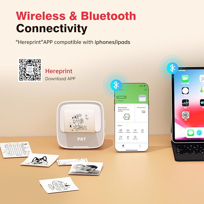 PRT Sticker Printer, Mini Thermal Printer Bluetooth Portable Sticker Maker with 1 Roll Paper, Print Pod, for Study Notes, Pictures, Labels, DIY, Multiple Templates for Phones & Tablets