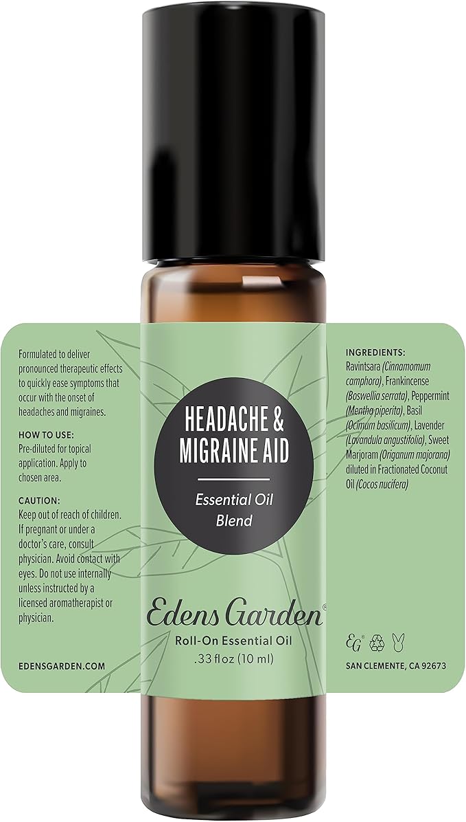 Edens Garden Headache & Migraine Aid Essential Oil Roll-On Blend- 100% Pure Premium Grade, Natural, Therapeutic, Aromatherapy, Kid & Skin Safe, The Best for Tension Pre-Diluted 10 ml (.33 fl oz)