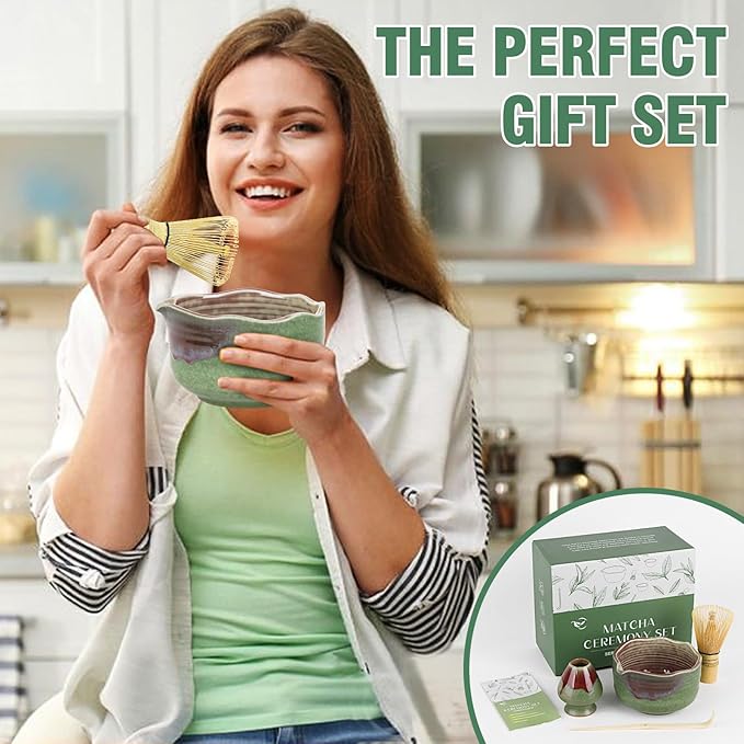 Pottery Matcha Set - Japanese Handcrafted Matcha Tea Bowl Mineral Glaze Bowl with Spout, Bamboo Whisk, Scoop & Chasen Holder | 4pc Tea Ceremony Kit for Matcha Lovers (Forest Glow)