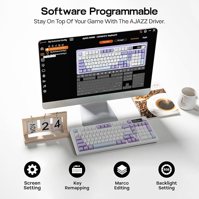 AJAZZ AK980 96% USB-C/BT5.0/2.4GHz Wireless Gaming Keyboard with 1.14’’ TFT Screen, Hot Swappable Creamy Mechanical Keyboard with FR4 Plate, Knob, RGB for Win/Mac (White, Gift V2 Switch)