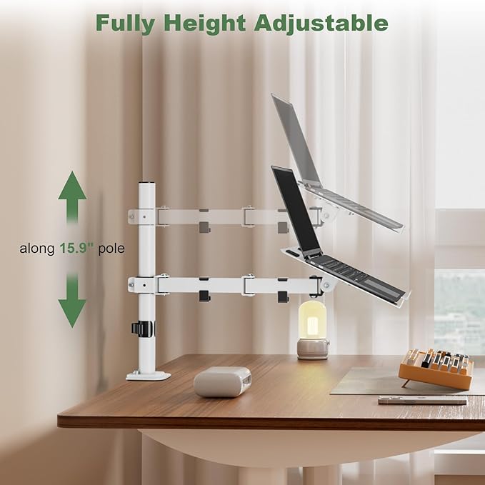 White Laptop Desk Mount with Vented Tray for Notebook up to 17 inch, Fully Adjustable Single Laptop Arm Stand Holds up to 17.6 lbs, Clamp on/Grommet Mounting
