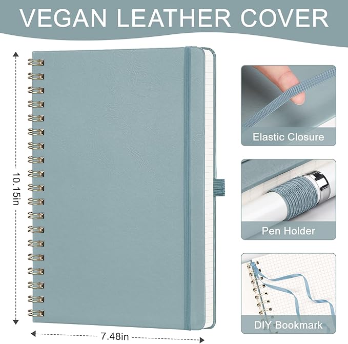 AHGXG Graph Paper Notebook - Spiral Notebook Hardcover Leather Journal 140 Pages, B5 Large Grid Notebook 7.6" x 10", 100 gsm Thick Paper, for School Writing Graphing Engineering Math, GrayBlue