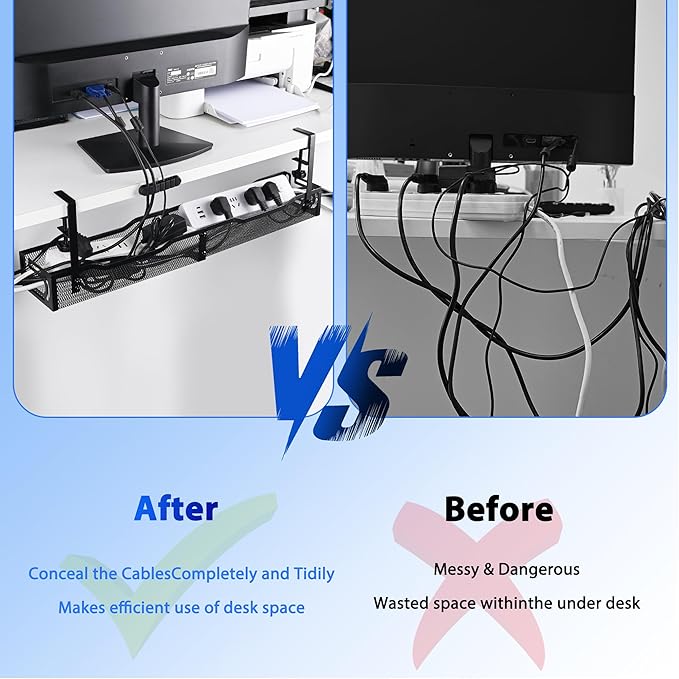 Clamp-On Under Desk Cable Management Tray – 25.3 Inch No Drill Metal Wire Organizer for Home Office & Standing Desk Setup (Black)