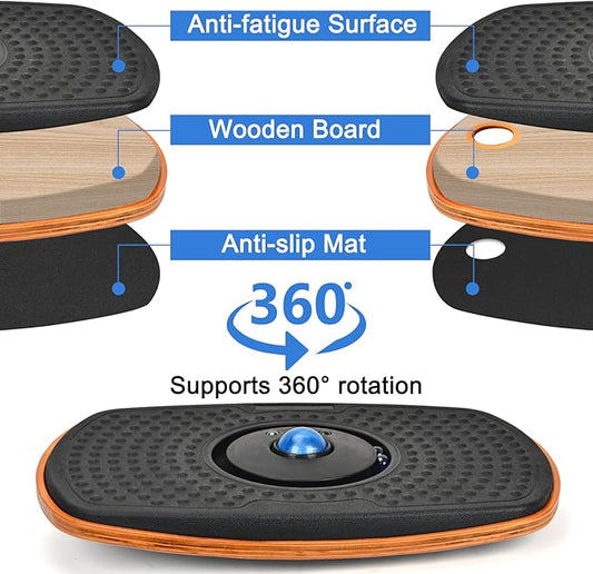 Standing Desk Anti Fatigue Mat Balance Board with Marble, 360° Rotation Exercise Wooden Wobble Board Stability Rocker Perfect for Office, Workstation, Home, Gym, Kitchen