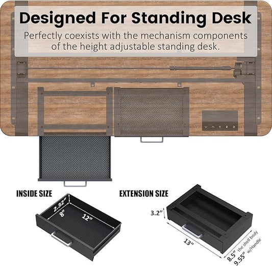 UNITEDPOWER Under Desk Drawer Storage, Pull-Out Office Hidden Counter Drawer, Metal Sliding Organizer Mount Below Table for Standing Electric Adjustable Height Desk, Black