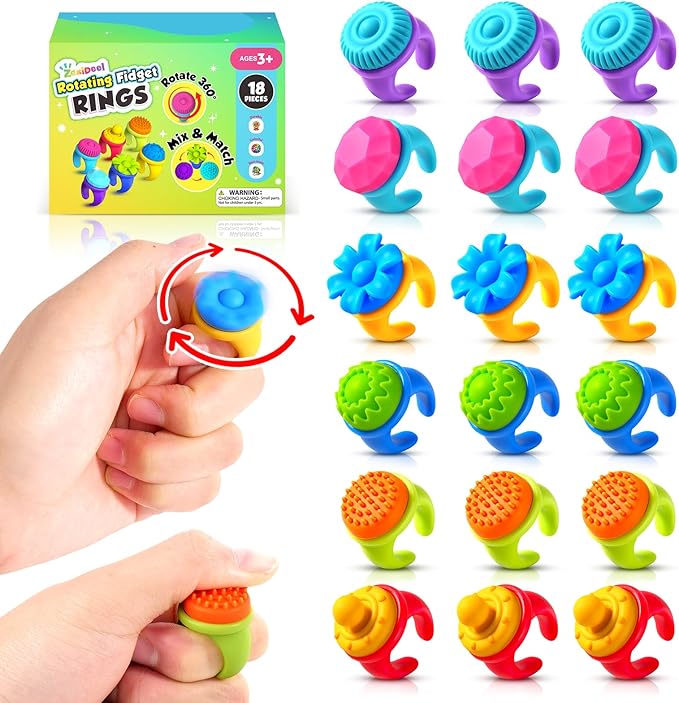 Fidget Rings Sensory Toys for Kids: 18 Pack Fidget Anxiety Spinner Rings- Autism Sensory Toy for Special Needs ADHD- Stress Relief Quiet Fidgets for Classroom- Small Treasure Box Prizes Bulk Gifts