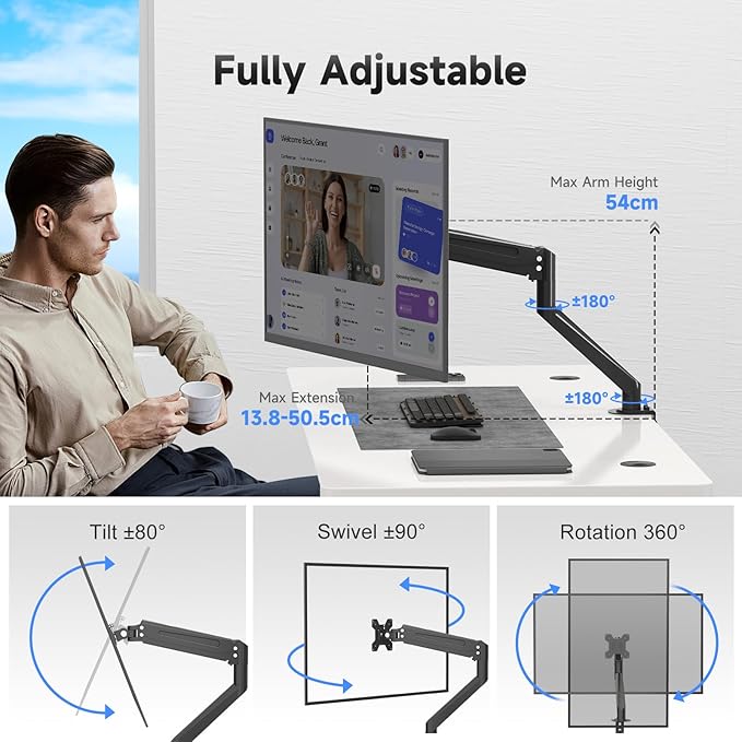 Suptek Single Monitor Arm 13 to 34 Inch,Adjustable Gas Spring Monitor Desk Mount Stand Holds up to 4.4-26.4lbs,VESA Mounting Holes 75/100mm,Black(MDXB)