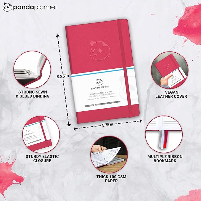 Panda Planner Classic Daily Planner 2025-2026 – Undated Productivity Planner & Hourly Schedule Notebook – Day Planner for Focus, Goals & Organization – Raspberry