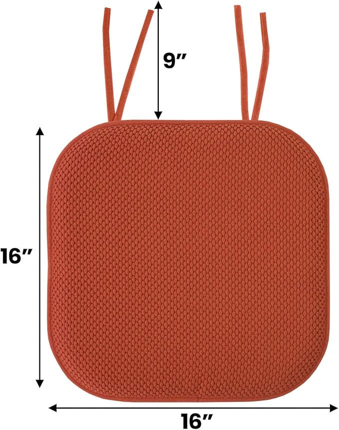 Sweet Home Collection Chair Cushion Memory Foam Pads with Ties Honeycomb Pattern Slip Non Skid Rubber Back Rounded Square 16" x 16" Seat Cover, 4 Pack, Rust