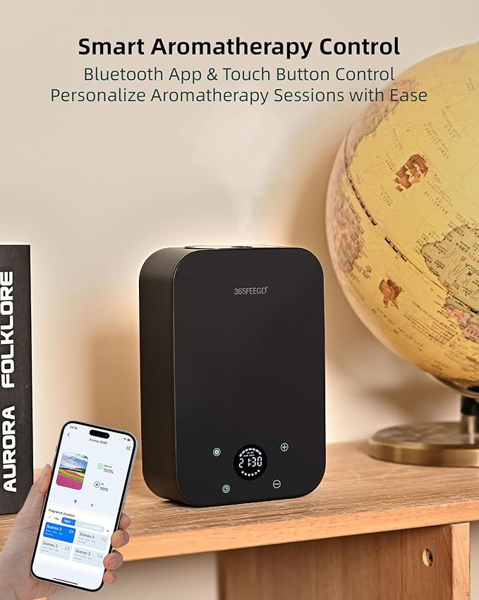 Waterless Essential Oil Diffuser, Portable Bluetooth Aromatherapy Device for Home, 24/7 Customizable Schedule, 1600 sq ft Coverage, 2×D Cell or Plug-in Powered (Dual Power-Black)