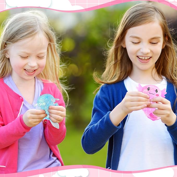 Meooeck 12 Pack Axolotl Stress Relief Toys Glitter Axolotl Starfish Stress Balls Fun Relaxing Squeeze Fidget Toys Relieve Anxiety Squeeze for Birthday Party Goodie Bag Stuffers(Mixed Style)