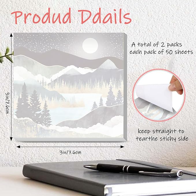 Sticky Notes 3x3 Inches, 2 Pads Cute Colorful Self-Stick Note Pads, Easy to Post for Home, Office and Daily Life Organization Night Moon Mountain