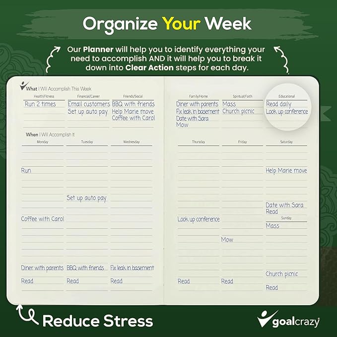 Undated Planner - 90 Day Guided Journal, 2025 2026 Weekly Organization, Productivity Habit Tracker, Inspirational, Life Setting, Leather, Almond Pages Forest Green