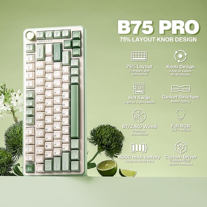 YUNZII B75 PRO Wireless Mechanical Keyboard,75% Layout with Knob,Hot Swap Gasket Structure,Creamy Pre-lubed Switches,RGB Backlit,Bluetooth/Type-C/2.4G for Win/Mac (Matcha Green, Milk Switch)