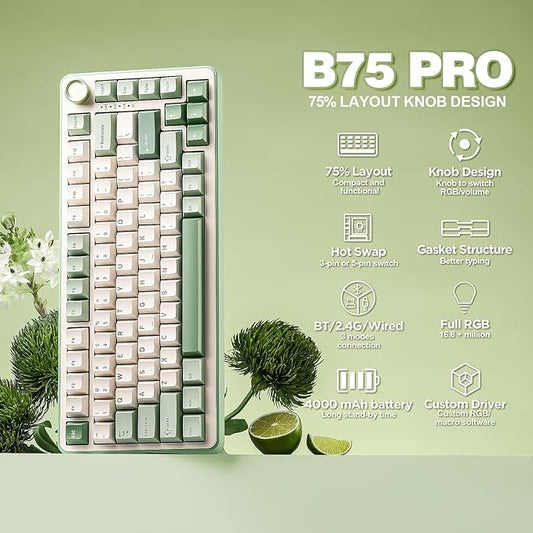 YUNZII B75 PRO Wireless Mechanical Keyboard,75% Layout with Knob,Hot Swap Gasket Structure,Creamy Pre-lubed Switches,RGB Backlit,Bluetooth/Type-C/2.4G for Win/Mac (Matcha Green, Milk Switch)