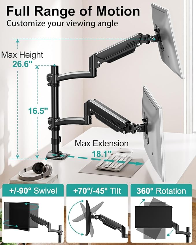 Dual Monitor Stand for Desk, Taller Monitor Arms for 2 Screens up to 32 inch, Ergonomic Adjustable Gas Spring Double Computer Monitor Mount, Holds 4.4-22lbs, VESA 75/100mm, Black, Freelift