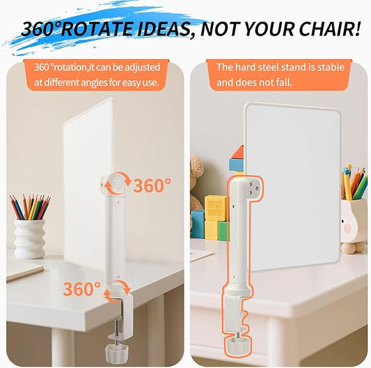 360° Rotating Desktop Dry Erase Whiteboard with Stand, 16" x 12" Double-Sided Magnetic Board with Clamp Holder Mount for Desk Up to 2.17" for Drawing, Office, Home, School (White)