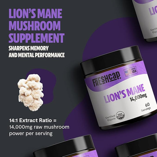 FreshCap Mushrooms Lions Mane Supplement Powder 14,000mg - Lions Mane Extract, Mushroom Supplement for Focus & Memory, Organic Lions Mane Powder (60 Servings)