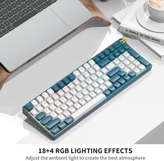 R100 Wireless Mechanical Keyboard, G Pro 3.0 Yellow Switch, Hot Swappable Wired/Bluetooth/2.4G Wireless Keyboard with RGB Light for Windows & Mac, PBT Keycaps, Whale Blue