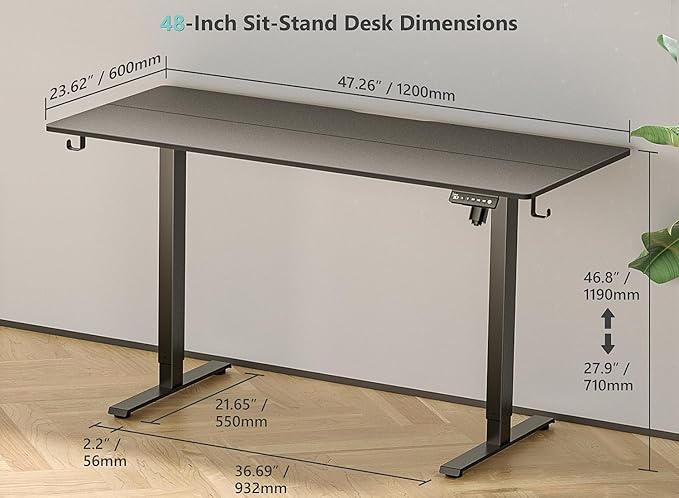 48 x 24 inch Electric Standing Desk Adjustable Height with 4 Wheels, 4 Memory Height Settings, 2 Headphone Hook, Home Office Desk, Splice Board Black