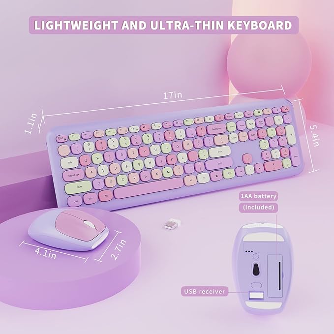 Wireless Keyboard and Mouse Combo, Colorful Ergonomic Full Size Retro Low-Noise Keyboard with Cute keycaps, Compatible with Windows, PC, Perfer for Home and Office Keyboards (Purple)