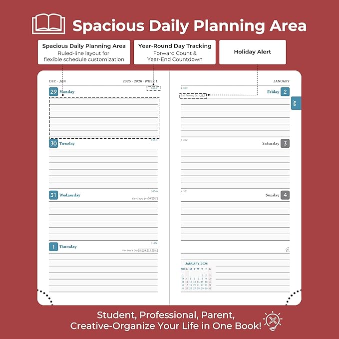 Weekly Monthly 2026 Planner (Jan.26-Dec.26),6.5"x3.75",12 Months Agenda Plan with Month Tabs & Pocket,Expenses/Note Pages, Appointment Book Calendar with Hardcover Vegan Leather Cover,Red