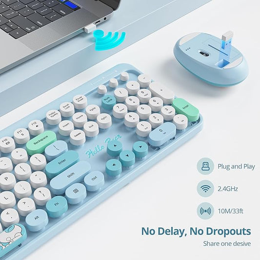 GTSP Typewriter Wireless Keyboard Mouse Combo, Cute 2.4G Office Full-Sized Retro Keyboard with Round Keycaps for Laptop PC Desktops(Blue)