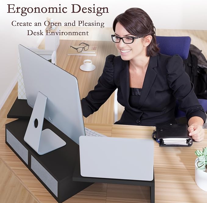 TEAMIX Wood Dual Monitor Stand Riser with Drawers-Length and Angle Adjustable Triple Monitor Stand with Storage Large Computer Riser for 2/3 Monitors/Laptops/PC/Printers