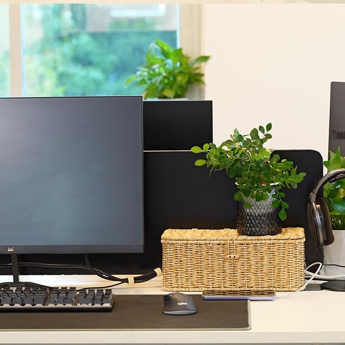 BROWNLILY Cable Management Box, Rattan Style Cord Organizer for Desk Cord Hider Outlet Covers Baby Proofing for Power Strip TV PC Router Charger Under Desk Storage - Natural Small