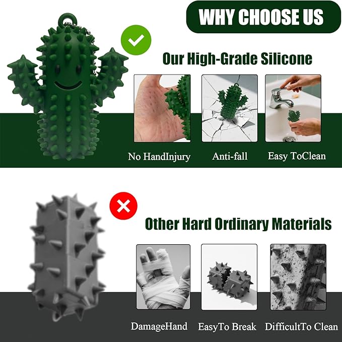 Pain Fidget Toys for Adults, Spiky Silicone Sensory Tool for Anxiety Relief - Acupressure Cactus for Deep Pressure Stimulation & Focus, Silent Portable Stress Keychain, Easy to Clean (1 Green)