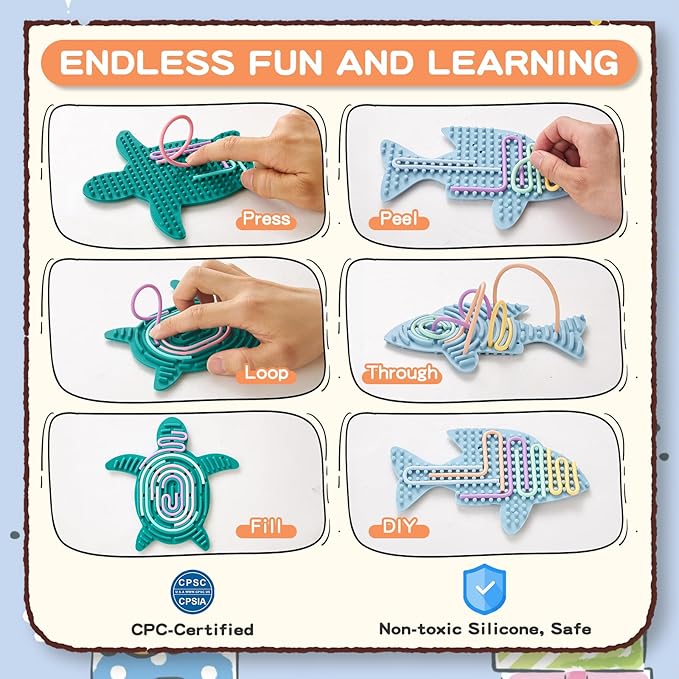 2 Pack Sensory Activity Board with 20 Random-Color Strings, Double-Sided Silicone Sensory Fidget Toy for Kids and Adults with Autism, ADHD, Silent, Stress Relief, Calming, Focus, Gift for Girls Boys